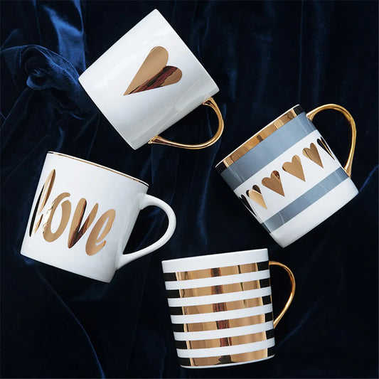 Creative Ceramic Love Star Stripe Pattern Gold Plating Handle Coffee Mug - mylilcupshop 